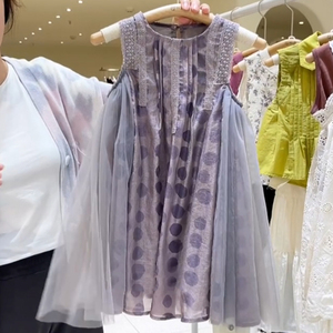 韩国童装女童连衣裙夏季高级感洋气网纱波点背心裙儿童紫色公主裙