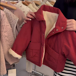 女童加绒外套秋冬洋气韩版女宝宝红色拜年服棉衣儿童加厚保暖棉服