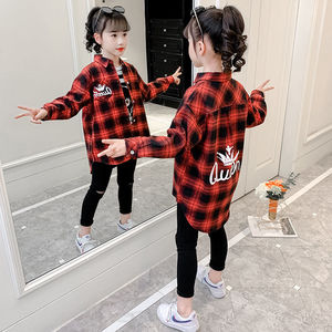 韩系女童格子衬衫长袖春秋韩版儿童中长款洋气上衣时髦中大童外套