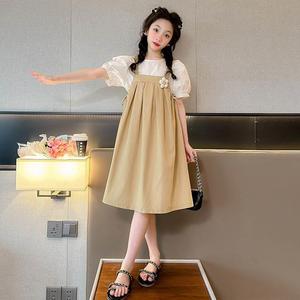韩系女童夏装连衣裙2024新款儿童洋气公主背带裙套装大童十岁女孩