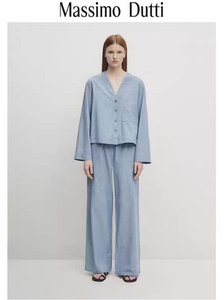 Massimo Dutti2024女装法式天蓝纯棉短版V领长袖衬衫 05190590406