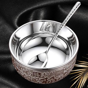 老银匠s999银碗筷三件套新款百福银碗银筷子银勺子银质餐具礼盒套
