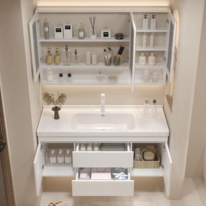 奶油风实木陶瓷一体台组合化妆室台柜卫浴浴柜洗漱洗脸盆柜组合