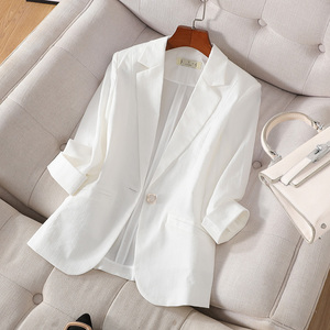 白色小西装外套女夏季薄款亚麻雪纺小个子休闲短款七分袖西服上衣