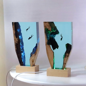 海洋溶洞潜水员桌面摆件创意艺术灯座实木树脂小夜灯生日礼物饰品