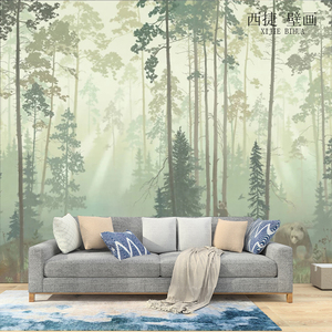 北欧迷雾风景壁纸森林丛林手绘树林壁画客厅电视背景墙纸定制墙布