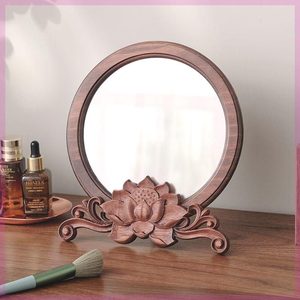 桌面镜子圆化妆镜实木梳妆镜台式手工复古家用小型办公室高档木质