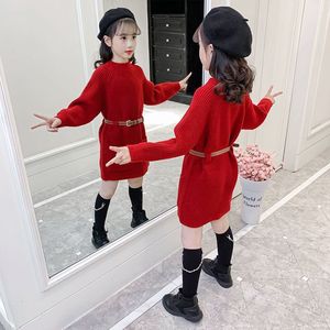 红色女童毛衣连衣裙秋冬装新款儿童中长款童装打底针织