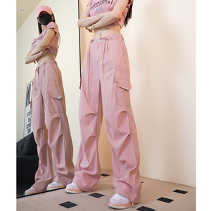 粉色美式工装裤女夏季薄款宽松显瘦抽绳休闲运动阔腿裤直筒长裤子