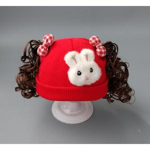 婴儿新年假发帽子新生儿兔年兔子兔头大红色过年拜年秋冬季针织帽