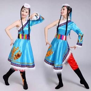 新款斜肩藏袍舞台表演少数民族藏服扎西德嘞舞蹈服藏族演出服长裙