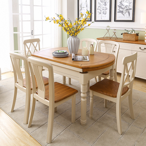 地中海餐桌椅组合实木折叠可伸缩6人美式8人现代圆形饭桌