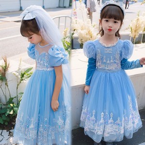 女童夏新款冰雪奇缘艾莎女王公主裙子蓝色短袖网纱裙表演走秀礼服