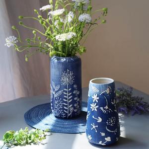 青花瓷花瓶复古陶瓷花瓶蔚蓝之境插花装饰摆饰手绘浮雕花瓶花器