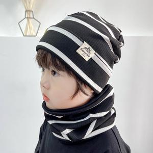 纯棉儿童秋冬针织帽围脖套装条纹护耳帽子宝宝套头帽围脖2件装