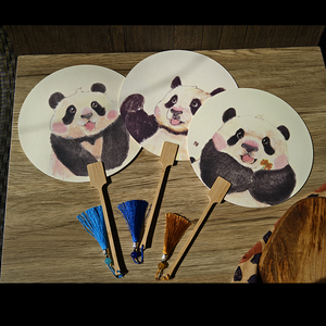 三包面小卖部超萌自家原创插画工笔熊猫/猫猫宣纸装饰团扇