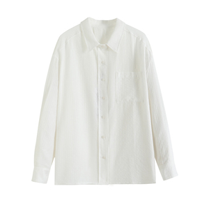 秋麦檬胧24夏季新款白色长袖翻领气质条纹暗花宽松衬衫5F4121831