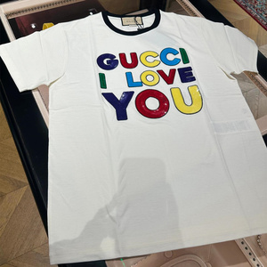代购Gucci/古驰正品 女款纯色圆领LOGO彩色亮片短袖休闲T恤