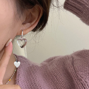 韩国进口小众设计款925纯银透明树脂爱心 立体心型造型耳环耳饰女