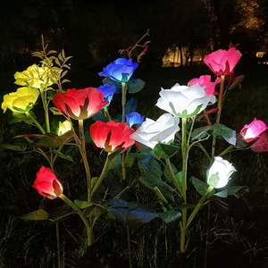 3头玫瑰花灯户外花园LED地插仿真花灯庭院装饰月季花草坪灯