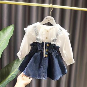 1-6岁女韩系宝宝时髦长袖衬衫牛仔背带裙两件套装女童连衣裙春夏