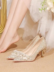 卓诗尼法式婚鞋高级感亮片珍珠敬酒礼服高跟鞋女伴娘鞋婚纱照鞋子