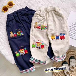 巴拉巴柆韩系日系外贸儿童长裤23春款男女童梭织卡通刺绣小熊格子