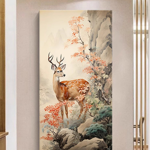 一路平安梅花鹿动物装饰画客厅新中式肌理玄关小鹿好寓意艺术挂画