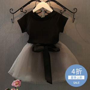 女童短袖纯棉+纱裙套装夏装新款2023韩版儿童t恤半身短裙两件套装
