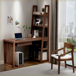 全实木书桌书架组合现代简约转角家用写字台卧室带书柜一体电脑桌