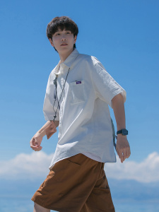 卡宾藏青色日系少年感短袖衬衫男士夏季外套冰丝薄款纯棉痞帅工装