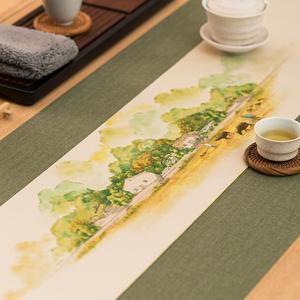 形相中式手绘山林防水茶席棉麻条纹布艺桌旗茶几装饰画布茶具配件