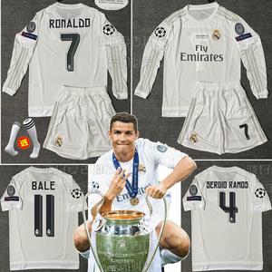 1516皇马球衣7号c罗主场欧冠决赛版长袖足球服拉莫斯贝尔复古套装