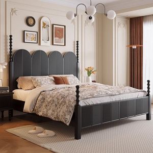 法式复古实木床美式古典罗马柱黑色欧式轻奢双人床主卧大床储物床