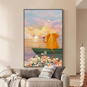 抽象大海风景动物大象背影卧室房间装饰画床头画侧墙温馨夕阳挂画