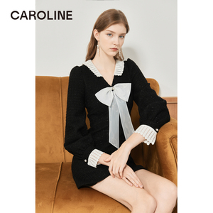 Caroline卡洛琳2022秋季新款V领蝴蝶结黑色粗花呢连衣裙ECRCDA89