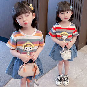 韩版女童夏装短袖套装韩版儿童时髦纯棉一套衣服洋气女宝宝牛仔阔
