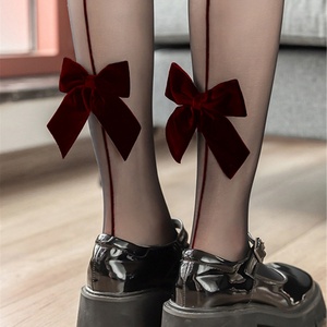 丝绒蝴蝶结竖线条虾线提花丝袜黑丝性感纯欲薄美腿御姐情趣打底袜