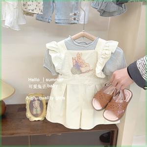 ins女宝新品宝夏季韩版兔子背带裤+娃娃领短袖打底衫套装可爱两件