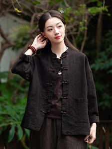 24新中式女装复古立领缠线盘扣上衣开衫女式棉麻国风改良唐装外套