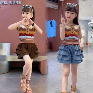 巴拉巴柆女童无袖套装2024夏季洋气韩版蛋糕裤裙显瘦休闲褶皱上衣