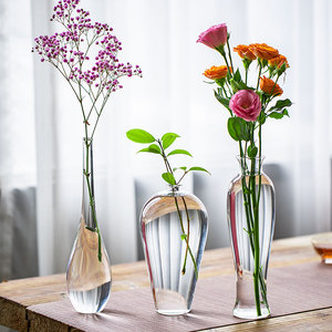 花瓶透明禅意玻璃小瓶中式插花摆件小口细口水养水培花器梅瓶侘寂