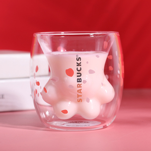 星巴克粉色樱花猫爪杯双层牛奶水杯可爱玻璃杯送女友老师圣诞礼物
