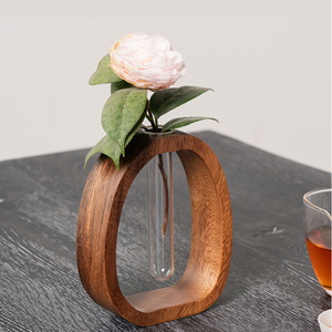 黑胡桃木玻璃试管花瓶实木水培植物容器日式小花插桌面创意小摆件