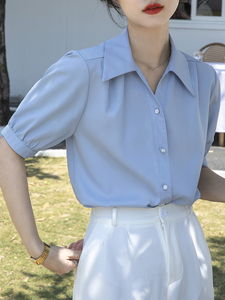 Vero Moda蓝色短袖衬衫女夏季设计感小众公务员雪纺衬衣高级感职