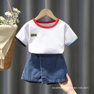 巴拉巴柆女童夏装韩版短袖套装儿童时髦一套衣服洋气女宝宝牛