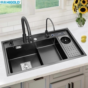 悍高黑色304不锈钢洗菜盆厨房阶梯式高压洗杯器水槽大单槽台下盆