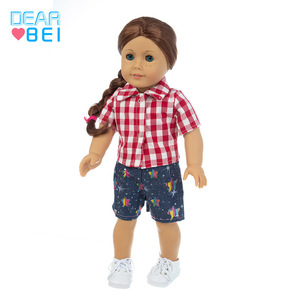 18寸美国女孩娃娃衣服 红色格子衬衫花短裤娃娃衣服时尚娃娃衣服
