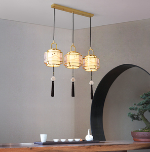 布艺全铜新中式中国风餐厅三头吊灯禅意仿古茶室茶桌书房灯笼装饰