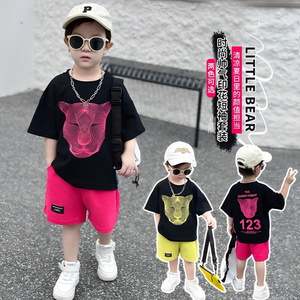 韩系夏季男童儿童套装短袖老虎头印花T恤多巴胺短裤两件套潮流穿
